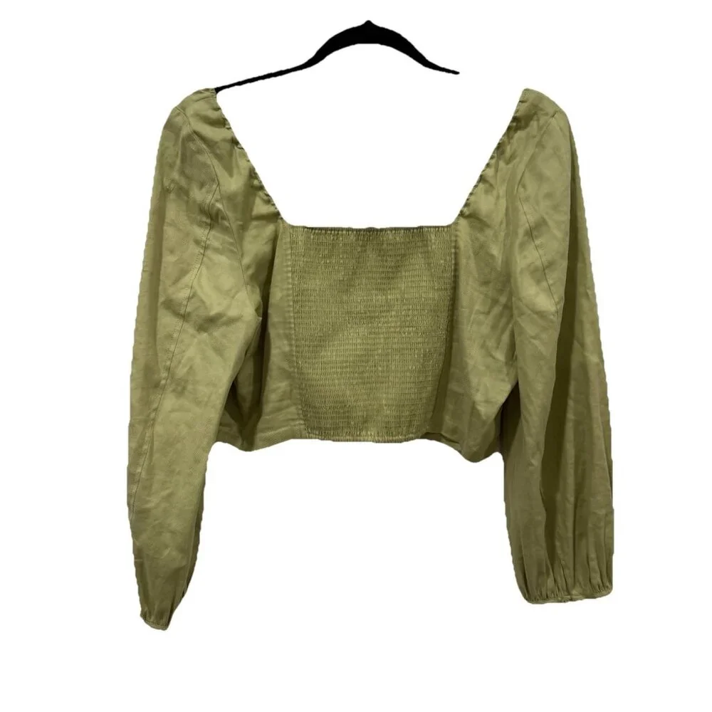 Babaton Hadwyn Rare Pistachio Green Crop Top Puff Sleeve‎ Size Large Linen Blend